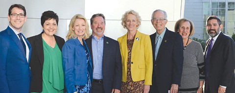 Jeff Cooper, JFS president; Kelly Burroughs, JFS CEO; Kathryn Barrett, moderator; Thom Hutchins, donor family; Dr. Janet S. Wright, acting director of Science & Policy, Office of the U.S. Surgeon General; Al Diaz, donor family and recipient; Patti Wainger, JFS board member; and Rabbi Jeffrey Arnowitz, Congregation Beth El. Jeff Cooper, JFS president; Kelly Burroughs, JFS CEO; Kathryn Barrett, moderator; Thom Hutchins, donor family; Dr. Janet S. Wright, acting director of Science & Policy, Office of the U.S. Surgeon General; Al Diaz, donor family and recipient; Patti Wainger, JFS board member; and Rabbi Jeffrey Arnowitz, Congregation Beth El.