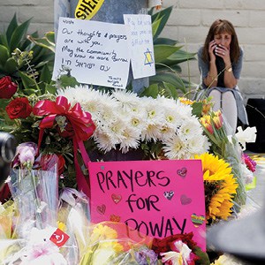 Huffaker/AFP/Getty Images A makeshift memorial sits across the street from the Chabad of Poway Synagogue, April 28, 2019, one day after a gunman killed one person and injured three others. Huffaker/AFP/Getty Images A makeshift memorial sits across the street from the Chabad of Poway Synagogue, April 28, 2019, one day after a gunman killed one person and injured three others.